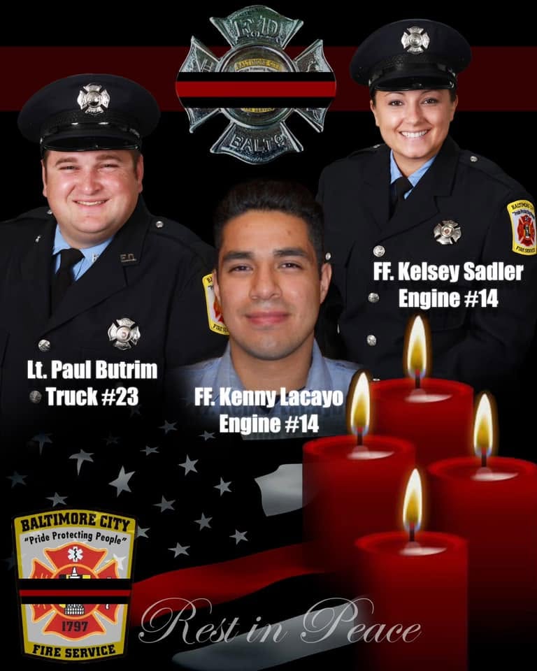 Baltimore City Fire Department joint memorial image honoring Paul Butrim, Kelsey Sadler, and Kenneth Lacayo